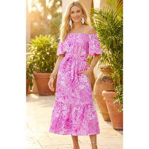 Lilly Pulitzer Isbell Off Shoulder Linen Midi Dress Pockets Wild Fuchsia NWT XS